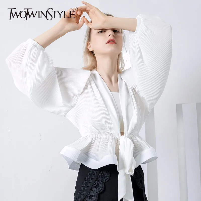 TWOTWINSTYLE белая шифоновая рубашка для женщин с рюшами на шнуровке пышным длинным
