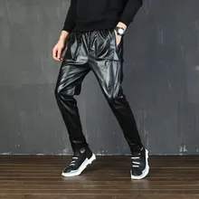 New Fashion Punk Moto Faux Leather pants Male Harem Pants Street Dance DJ Slim Joggers Drawstring Night Club trousers