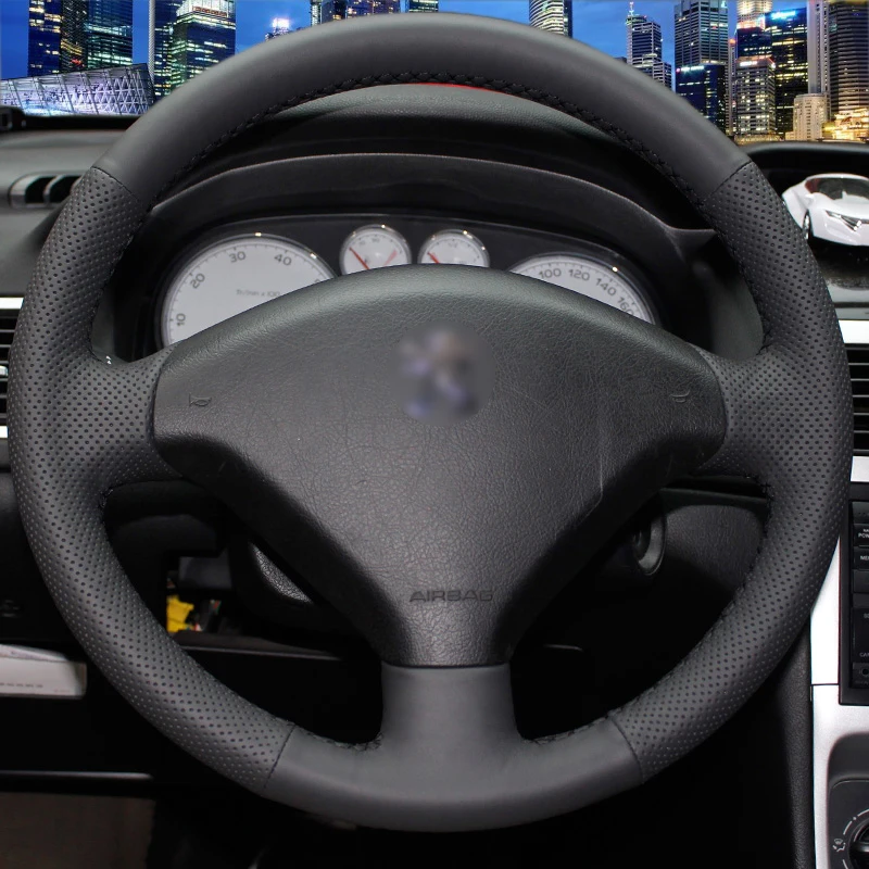 Hand stitched Black Leather Steering Wheel Cover for Peugeot 307 Car