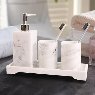 

4pcs Set Nordic White Marble Texture Resin Bathroom Kit Dispenser Lotion Bottle Tray Bathroom Supplies Accessories Cotton Swab