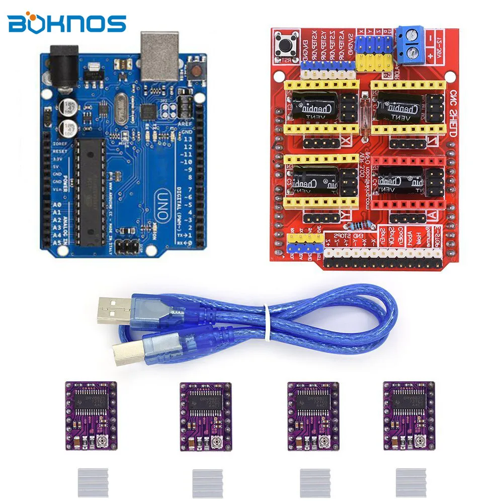 4 шт. DRV8825 Драйвер шагового двигателя радиатор+ щит с ЧПУ Плата расширения+ UNO R3 Плата USB кабель Наборы для Arduino V3 3d принтер