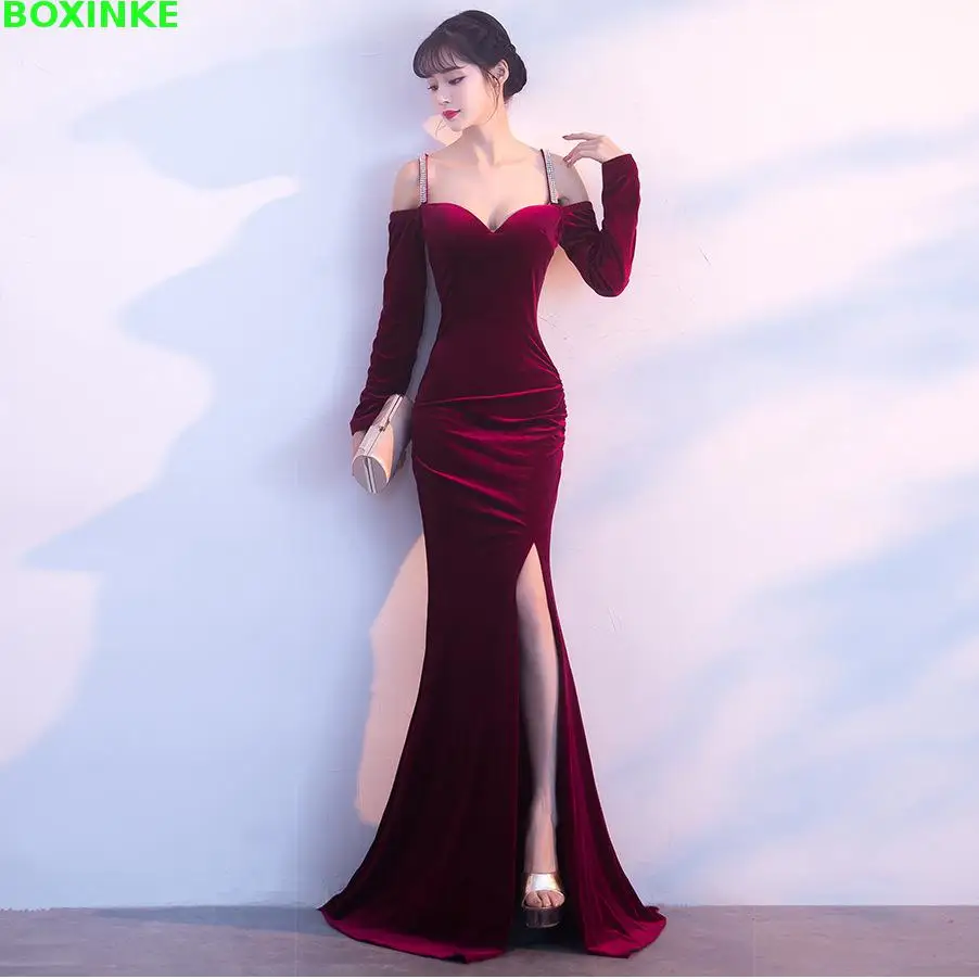 

Ukraine Mujer Velvet Shoulder Length Fish Tail Feast Slim Company Annual Party KTV sexy new brassiere strap dress Long Dress.