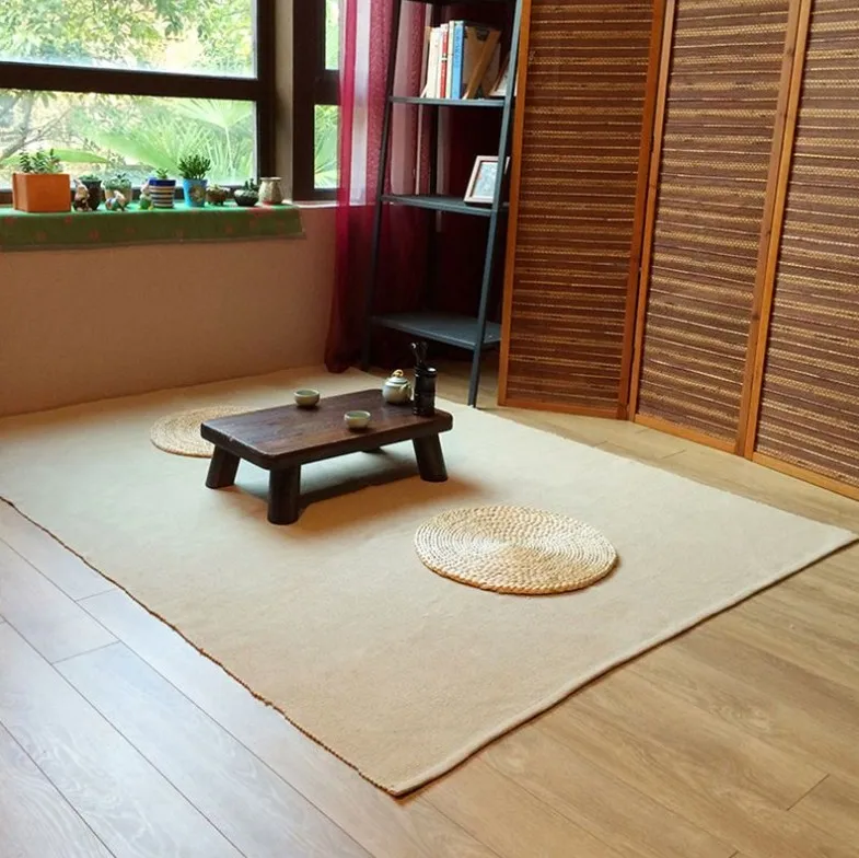 Japan Style Natural Linen Carpet For Sofa Living Room Bedroom Rug Linen Tassels Solid Bedside Mat Bedspread Tapestry Tatami Mat
