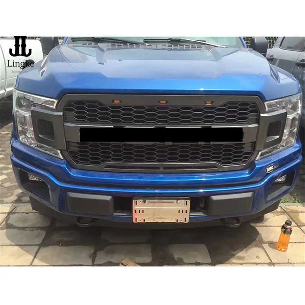 

Front Grille Fit For 2018 2019 Ford F150 ABS Raptor Style With LED&Letters Gray