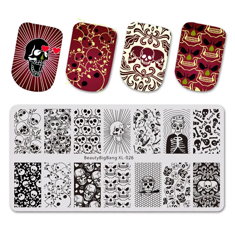 BeautyBigBang 1 шт. 6*12 см для штамповки ногтей пластины для штамповки Хэллоуин череп изображение дизайн ногтей Шаблон трафарет для ногтей BBB XL-026 - Цвет: XL-026