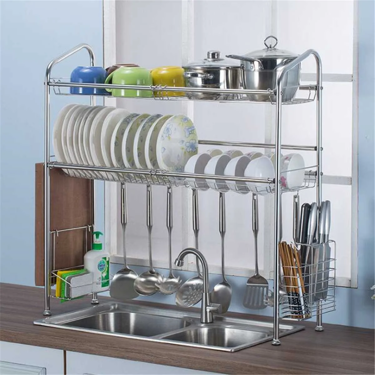 

Stainless Steel Bowl Rack Sink Drain Rack Kitchen Shelves Sink Basin Rack 2 Floors Large Home Seasoning Holder Organizer Silver