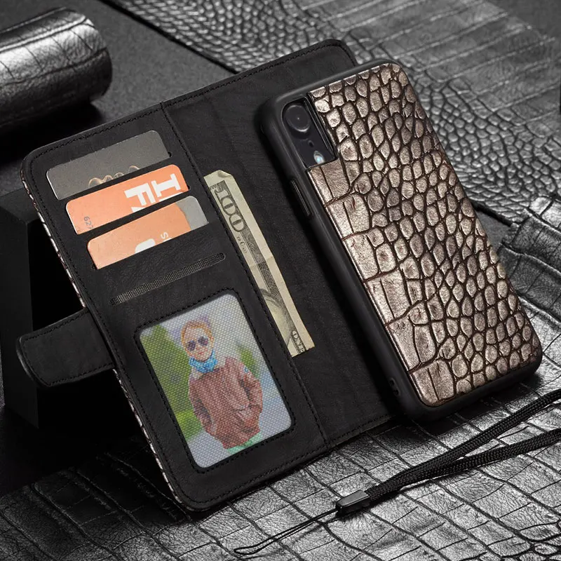 

WHATIF Durable Flip Wallet Cases for IPhone X 7 8 Plus Luxury Crocodile Leather Cover for Iphone XS Max XR Back Case Card Slots