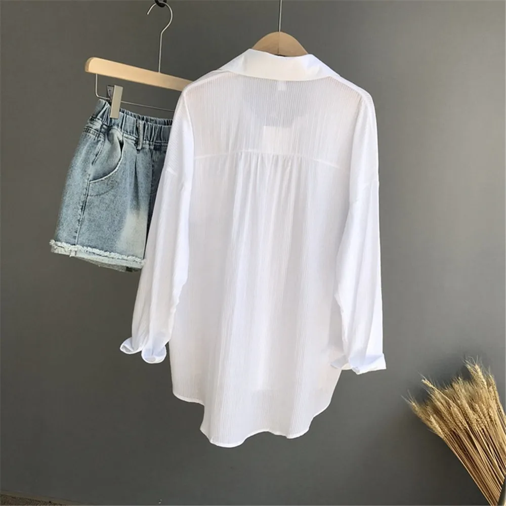 100% Cotton Casual White Sunproof Blouse Women 2018 Summer Women Long Sleeve White Shirts Blouse High quality Office Blouse Tops (3)