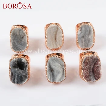 

BOROSA 5/6PCS Rose Gold Color Natural Galaxy Quartz Stone Druzy Rings Fashion Gems Stone Drusy Ring Jewelry for Women JAB952