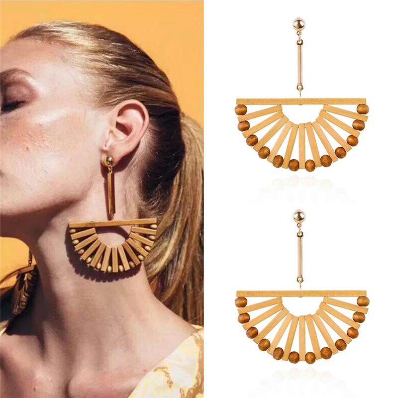 

1 Pair New Korea Handmade Wooden Straw Weave Rattan Vine Braid Geometric Big Circle Square Long Drop Earrings For Women Girl