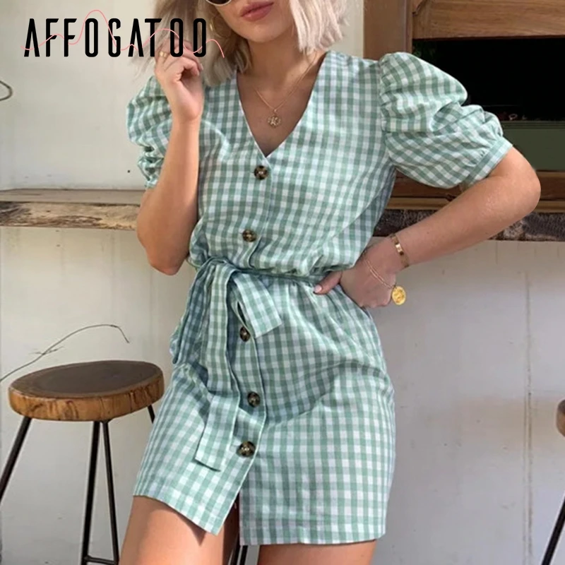 

Affogatoo Sexy V-neck plaid sash women summer dress Elegant button puff sleeve ladies dress Holiday casual female short dresses