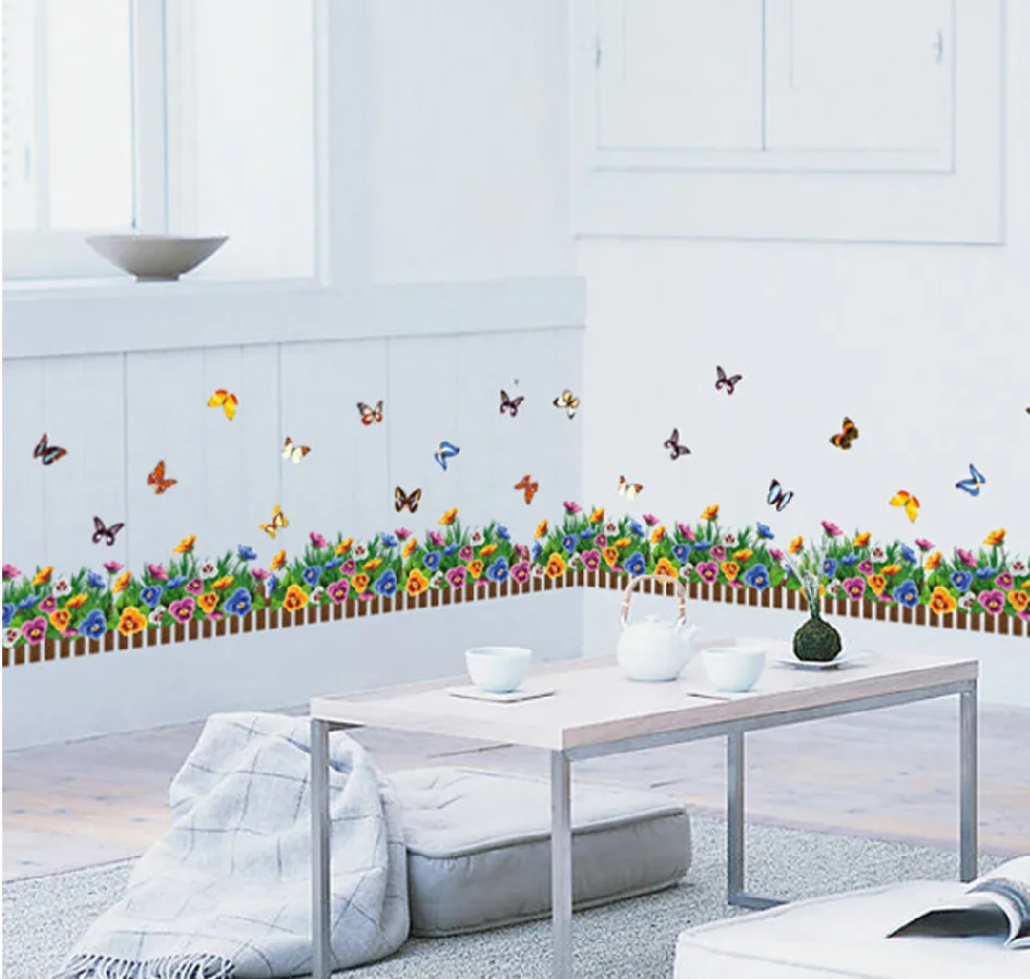 3D цветы трава заборы бабочка Талия плинтус наклейки спальня гостиная цветы наклейки на стену для детской комнаты домашний декор - Цвет: Розовый