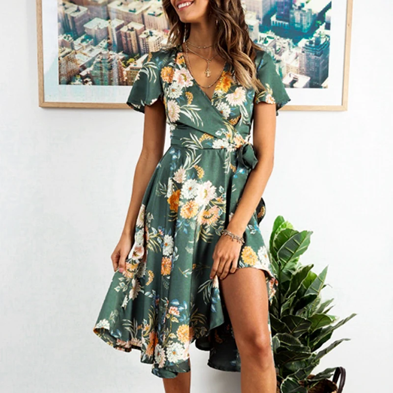

Melegant New Green Casual Women Wrap Mid Dress Bow Ruffle Party Summer Sexy Dress Vintage Elegant Floral Casual Dresses Vestidos