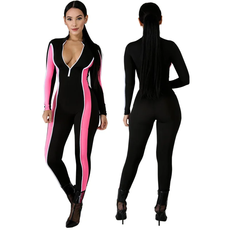 Echoine Summer Woman Playsuit Color Patchwork Fitness Overalls Long Sleeve With Zipper Long Pants Fashion Jumpsuit For Women Echoine Summer Woman Playsuit Color Patchwork Fitness Overalls Long Sleeve With Zipper Long Pants Fashion Jumpsuit For Women
