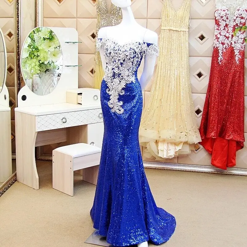 

Customize Blue Mermaid Sequin Tulle Crystal Beaded Diamond Sexy Formal Evening Dresses Party Prom Dress Evening Gowns ZX23M
