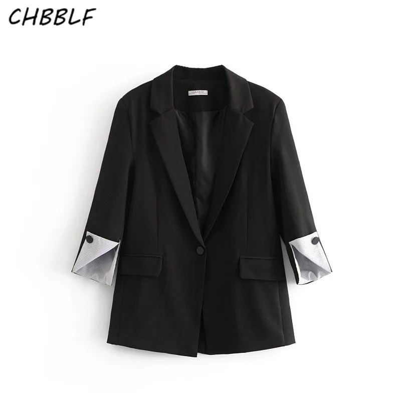 CHBBLF женщин черный блейзер три четверти рукав пальто Ретро Дамы Повседневный шик верхняя одежда DFT27202