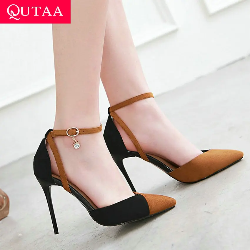 QUTAA Women Shoes Platform Women Pumps Thin High Heel Sexy Party Shoes Pointed Toe Flock Fashion Ladies Pumps Size 34-43