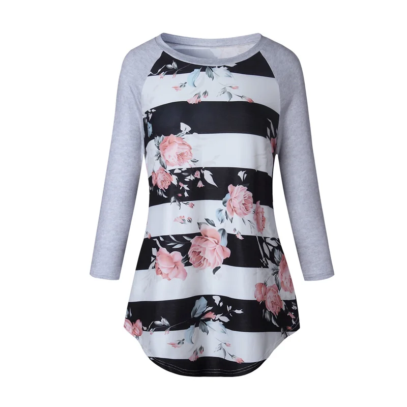 LOHILL Women's Striped 3/4 Sleeve Floral Print T-Shirts Ladies Casual Loose Shirts Tops | Женская одежда