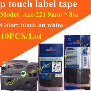 

10PCS label maker black on white Mixed TZe-221 tape paper tags Compatible Aze-221 ink cartridges 9mm*8m For touch label Printer