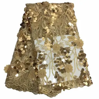 

2019 high quality gold beads French Nigerian sequins net lace,African tulle mesh sequence lace fabric for dress 5yards/lot