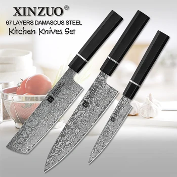 

XINZUO 3PCS Damascus Kitchen Knives Set Japanese Stainless Steel Knives Cleaver Chef Paring Meat Vegetables Kitchen Cooking Tool