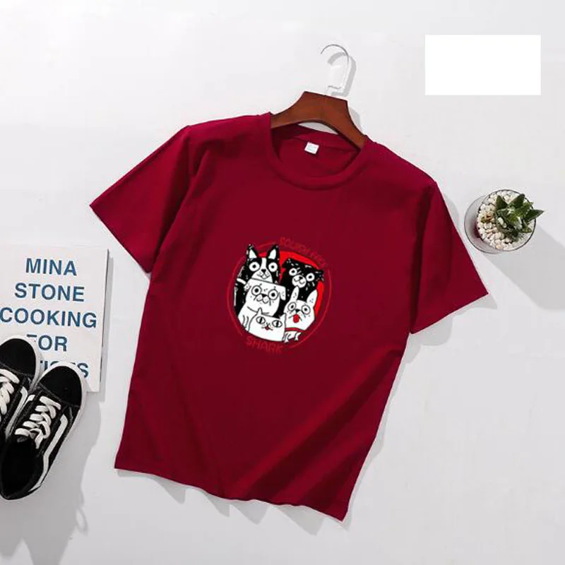 

Lovely Cartoon Dog Print Women T shirts Spring Summer Short Sleeve O Neck Cotton Spandex Women Tops Tees Slim Fit Women T-shirts