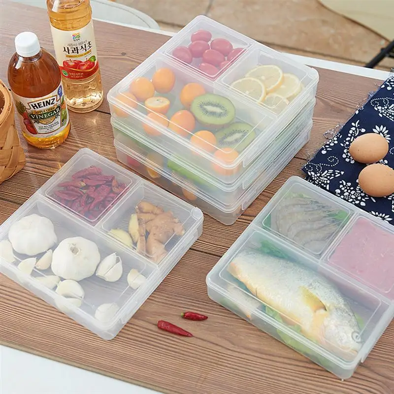 

2 pcs Kitchen Storage Box 3 Compartments Plastic Sealed Fridge Box Food Container Crisper for Snacks Vegetables Fruits