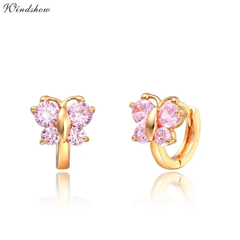 5 colors Baby Girls Small Round Circles Huggies Hoop Earrings Gold Color Butterfly Cubic Zircon Jewellery For Kids Children Aros - Окраска металла: pink