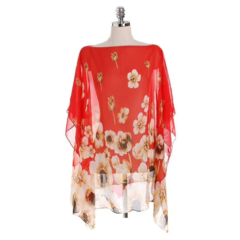 

Womens Travel Outdoor Sunproof Cover Up Vintage Colored Large Floral Printed Pullover Kimono Tops Semi-Sheer Side Split C
