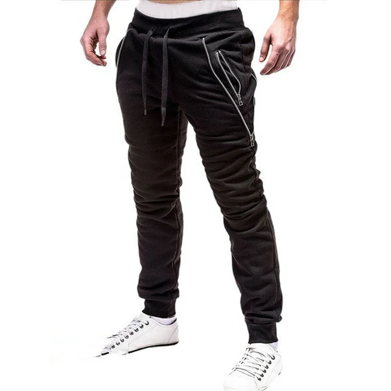 Новые спортивные штаны для мужчин с карманами на молнии, однотонные повседневные штаны со средней талией, мужские длинные брюки для бега, мужские уличные брюки