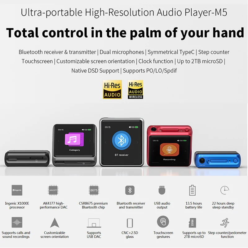  FiiO M5 HiFi Audio AK4377 384kHz-32bit/DSD128 Senza Perdita di Hi-Res Bluetooth Portatile di Musica