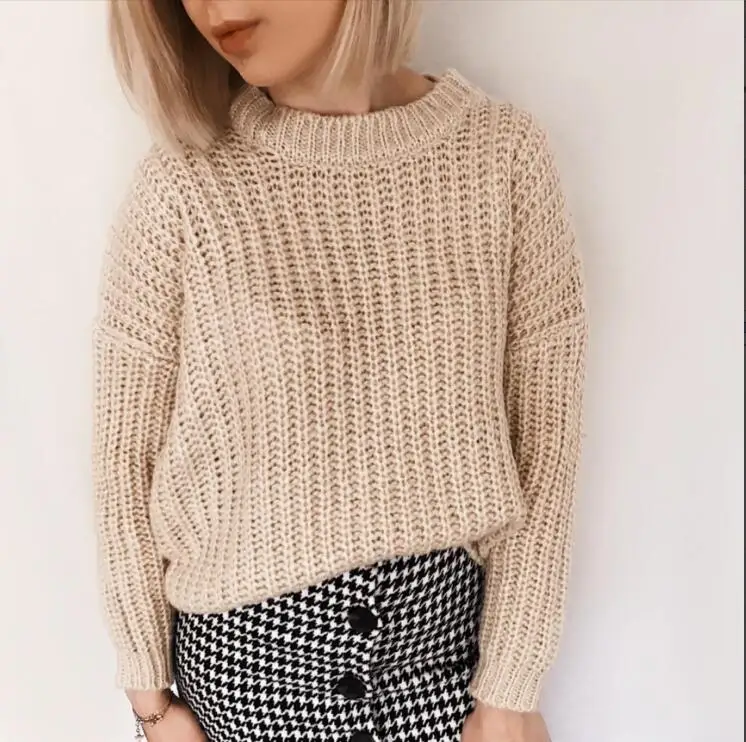 

Women Sweater Short Design Fall / Winter Korean Style Knitted Solid Color Pullover Retro Loose Knit Sweater Winter Tops Female
