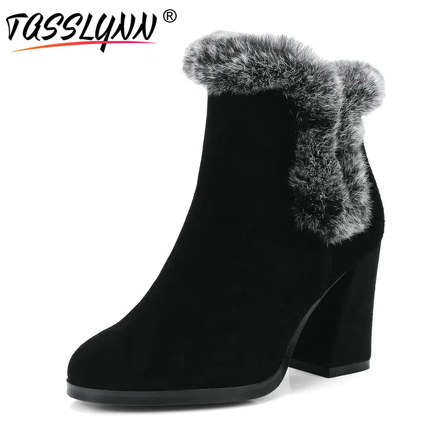 

TASSLYNN 2018 Women Boots Black Ankle Boots Hoof High Heels Zipper Spring Autumn Shoes Fashion Faux Fur Ladies Boots Size 34-40