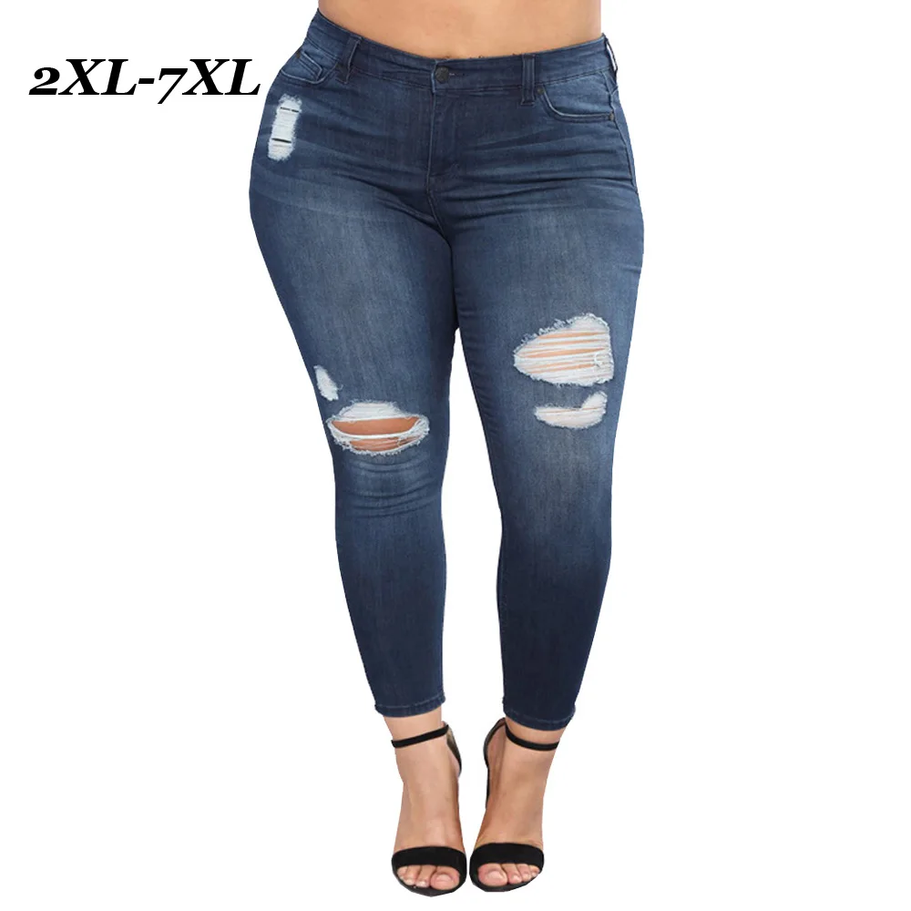 

Joineles Plus Size Casual Women Jeans High Waist Skinny Ripped Blue Denim Trousers 7XL Cotton Pencil Pants Distressed Jeans 2019