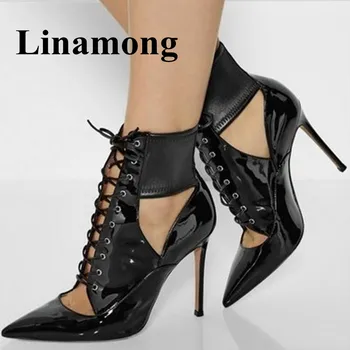

2018 Spring Ad Autumn Newest Pointed Toe Thin High Heel Lace Up Patent Leather Cover Heel Fashion Sexy Women Ankle Sanals