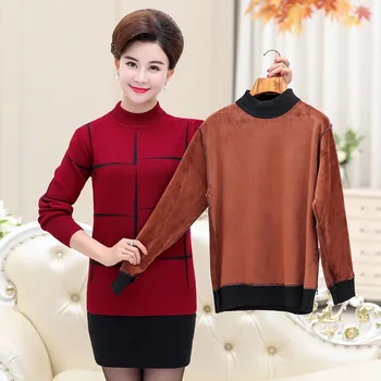 

Women Warm Long Sleeve Plaid Sweater Knitted Pullover Autumn Winter New Middle Age Mother Bottoming Shirt Knitwear Jumper