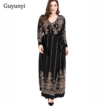 

2018 Women's Wrap Dress Autumn Winter Party maxi dress Floral Large Size v-neck Wrist Sleeves European Series CX1214