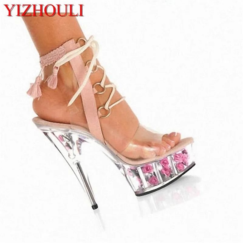 

15 cm high heel nightclub using sandals, pole dancing show shoes, model ribbon sexy decoration, dancing shoes