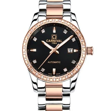 Carnival Watch Women Automatic Mechanical Luminous Rose Gold Stainless Steel Waterproof Girls Black Dial Watches