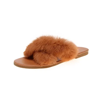 

Flip Flops Girls Spring Autumn Women Home Slippers Faux Fur Fashion Warm Shoes Woman Slip on Flats Female Slides Size 35-39