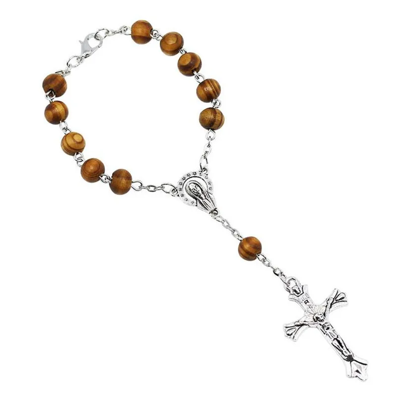 10pcs Round Wood Beads Catholic Rosary Strand Bracelet Unisex Marry Center Pope Rosary Prayer Bracelet Jewelry - Image 3