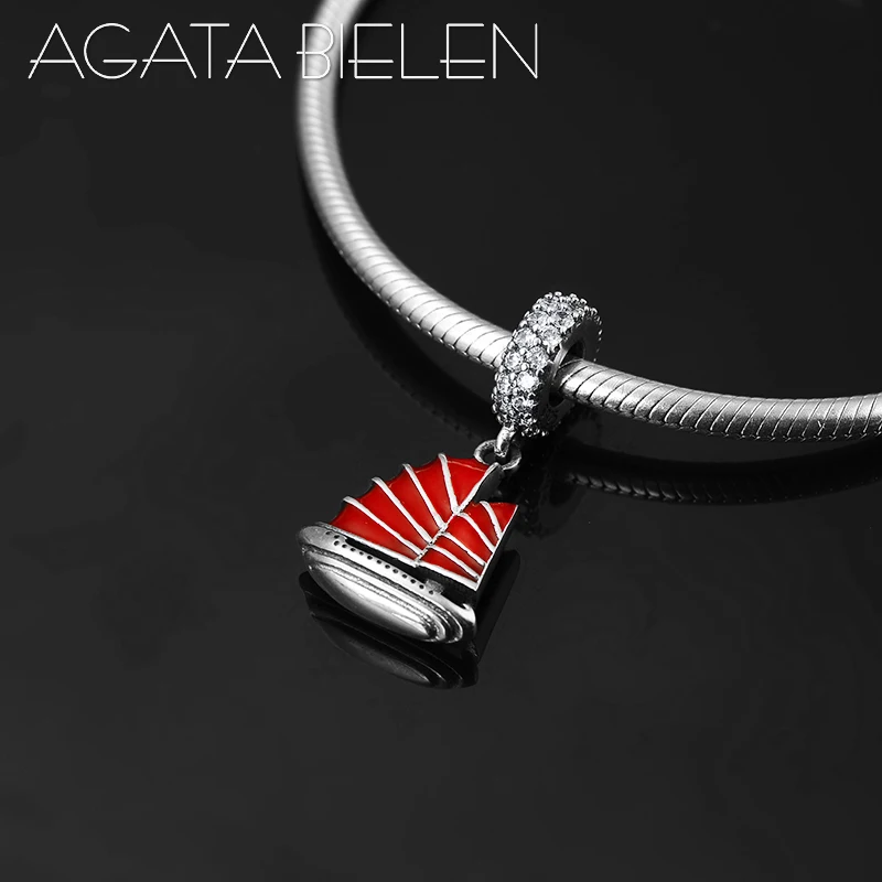 

925 Sterling Silver DIY red enamel Sailboat clear CZ fine Pendant Beads Fit Original Pandora Charm Bracelet Jewelry making