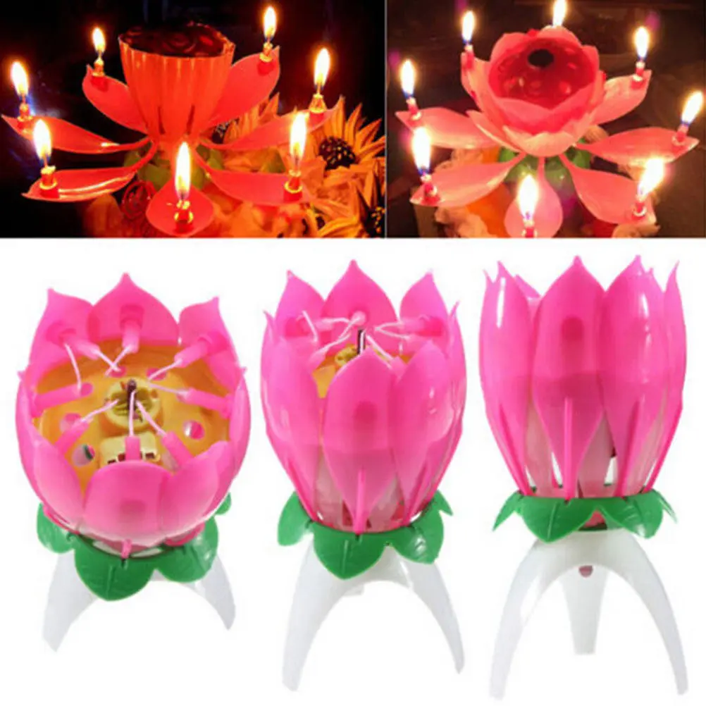

Magic Musical Lotus Flower Flame Candles Holders Birthday Cake Party Lamp Surprise Gift Lights Rotation Decoration Open Lotus