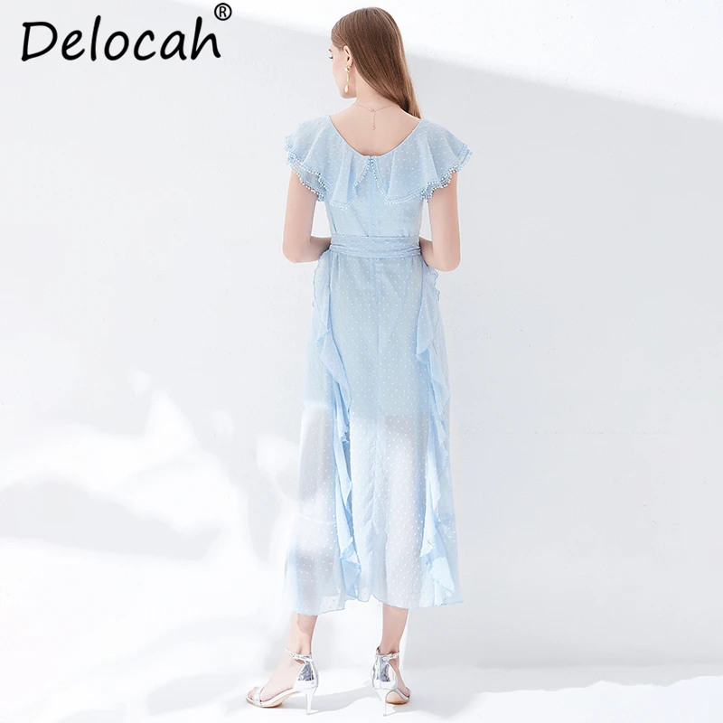 Delocah New 2019 Women Summer Dress Runway Fashion Designer Ruffles Bow Tie Mesh Overlay Elegant Vintage Vacation Solid Dresses