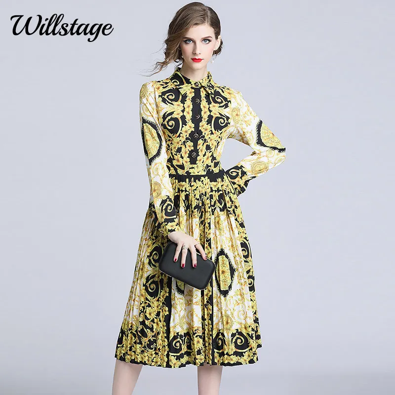 

Willstage Floral Printed Dresses Women Yellow Pattern pleated Mid dress Long Sleeve Elegant Party Vestidos 2019 Spring Autumn