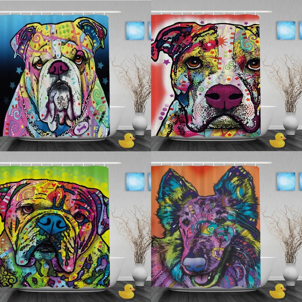 Lovely Bulldog Bathroom Curtains Colorful Dog Polyster Bathroom Shower