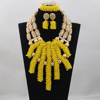

2016 New Handmade Lemon Yellow African Wedding Beads Necklace Bridal Jewelry Set Crystal Beads Jewelry Set Free Shipping ANJ127