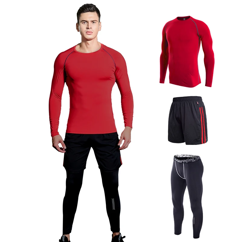 Мужская спортивная одежда для бега и бега, тренировочный костюм, 4 шт., мужская спортивная одежда для тренировок, фитнеса, занятий спортом, тренировочные костюмы - Цвет: Red 3pcs