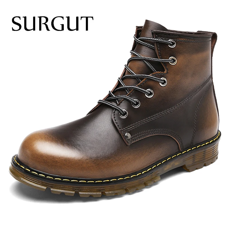 

SURGUT Brand Men Boots Autumn Winter Warm Fur High Quality Split Leather Waterproof Footwear Fashion Comfortable Men Ankle Boots