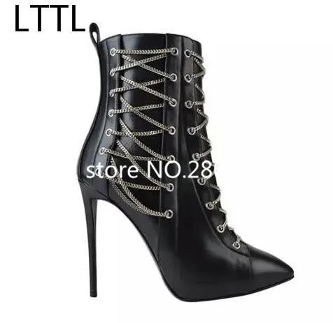 

Free Shipping Gold Chain Cross-Tied Pointed Toe High Heels Winter Fashion Women Shoes Elegant Graceful Motorcycle Short Boots